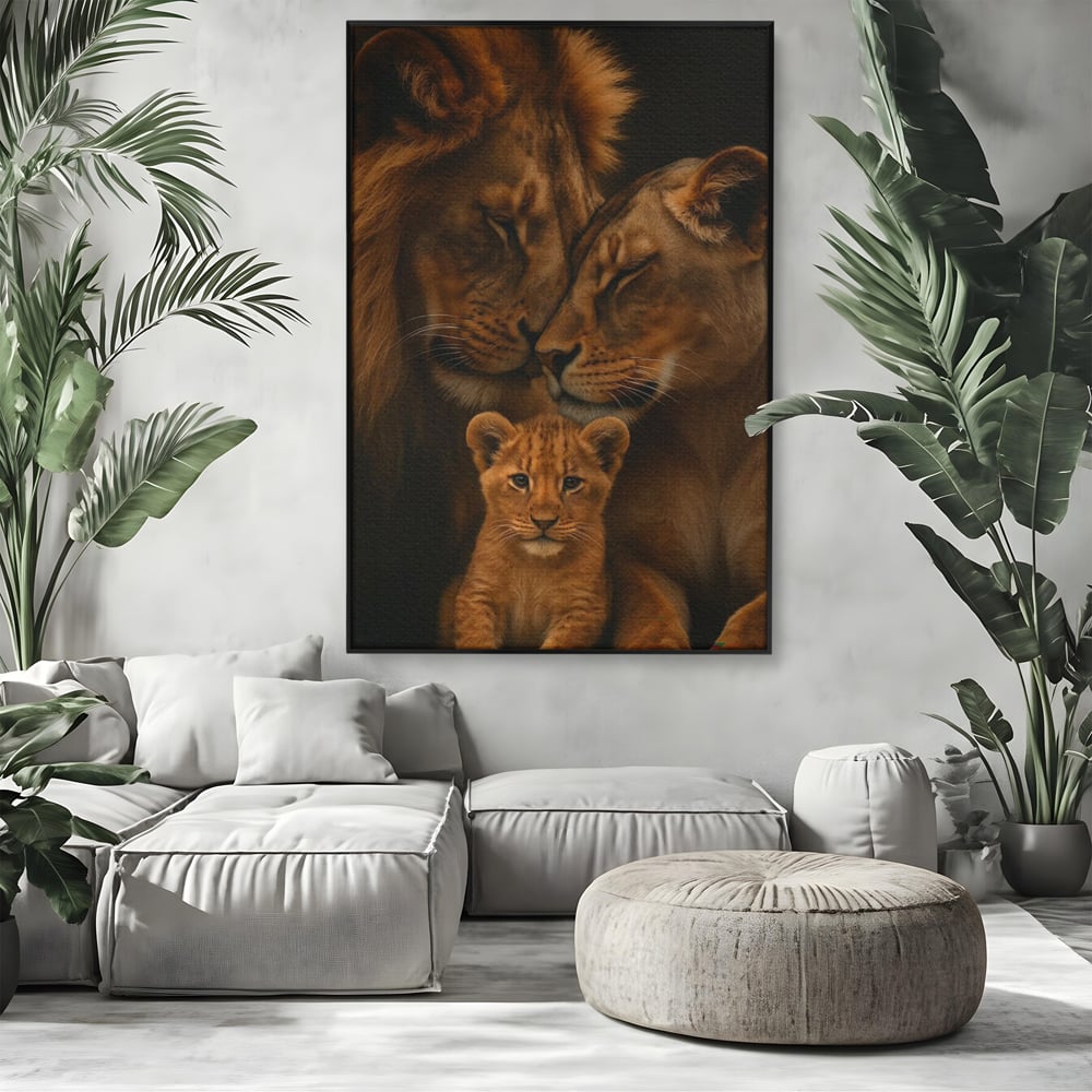 Tablou canvas cu tablou canvas cu familie de lei, in rama de aluminiu negru, pe perete intr-un living